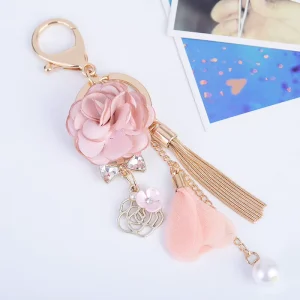 Luxury Fashion Keyring for Purse Accessories Eternal Rose Flower Light Keychain Tassel Pearl Stainless Steel