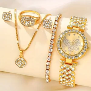Luxury Fashion Ladies Crystal Rhinestone Watch Jewelry Set Earrings Necklace Bracelet Quartz Watches Gift Set for Women Girls