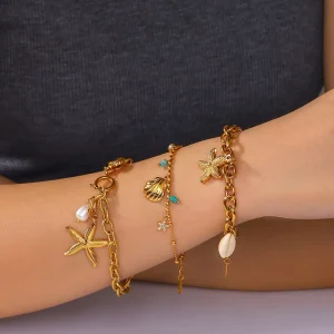 Luxury Fashion Trendy Stainless Steel 18k Gold plated Geometric Women’s Jewelry Scallop Starfish Pearl Pendant Charm Bracelet