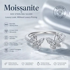 Luxury Fashion Women Fine Jewelry 0.4CT D Color VVS1 Moissanite Adjustable Open Ring S925 Sterling Silver Wedding Engagement