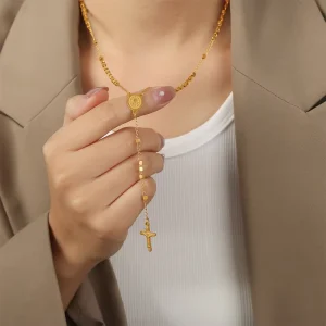 Luxury Fashion Women’s Gold Plated Cross Lariat Necklace 316L Stainless Steel Beaded Y Necklace Pendant Necklace