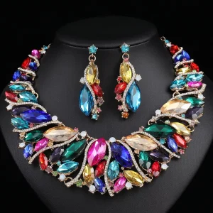 Luxury Fashionable Crystal Rhinestone Necklace and Earrings Set Multi Color Bridal Wedding Jewelry for Women Gift