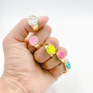 Luxury Fine Jewelry Fashion Rings for Women Smile Face Enamel Colorful Cute Minimalist Trendy Chic Gold Plated Brass Party Gift