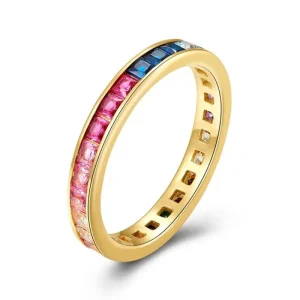 Luxury Fine Jewelry Fashion Rings for Women Square Rainbow Zircon 18k Gold Plated Brass Minimalist Trendy Versatile Gift