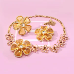 Luxury Floral Crystal Jewelry for Women Gold Plated Large Flower Necklaces Earrings Perfect Bridal Party Gifts