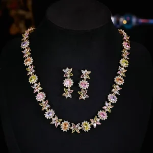 Luxury Flower Color Zircon Copper Jewelry Set Women’s Zircon Chain Earrings Necklace Jewelry Set