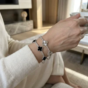 Luxury Four Leaf Clover Bracelet For Women Brass Silver Plated Sunburst Black Clover Bracelet Elegant CZ Tennis Bracelet Jewelry
