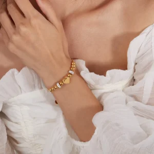 Luxury Frosted Heart Stainless Steel Beaded Bracelet Ins Minimalist Gold Plated Heart Charm Bracelets for Women Jewelry