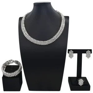 Luxury Full Paved Clear Rhinestone Wide Band 4Pcs Jewelry Set Gold Plated Women Banquet Matching Jewellery Set HB03114
