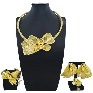 Luxury Gold Plated Bow Knot Jewelry Set Rhinestones for Women Necklace Earrings Bracelet Ring Party Accessories MY20935
