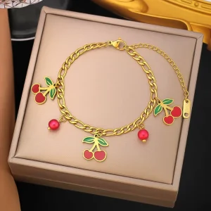Luxury Gold Plated Cute Cherry Charm Fashion Jewelry Bracelets Bangles for Summer Party