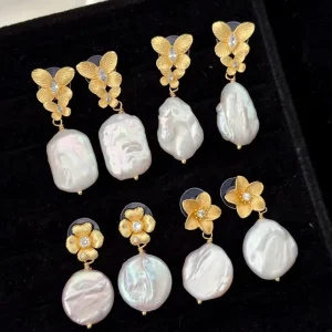Luxury Gold Plated Flower Zircon Irregular Pearl Drop Earrings for Women Fashion Jewelry