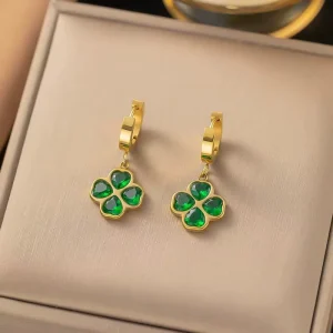 Luxury Gold Plated Green Clover Gold Plated Drop Earrings for Trendy Holiday Gift