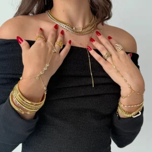 Luxury Gold Plated Hand Chain Set Multicolor Crystal Stone Finger Ring Bracelet Stainless Steel Hand Harness Jewelry