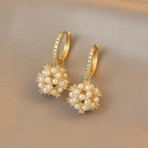 Luxury Gold Plated Pearl Ball Ring Hanging Earrings Wedding Bride Jewelry