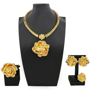 Luxury Gold Plated Rose Flower 4PCS Jewelry Set Dubai African Wedding Necklace Earrings Bracelet Ring HK52822