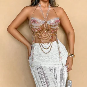Luxury Gold Plated Sexy Crystal Acrylic Beaded Body Chain Bra Halter Neck Chest Chain Jewelry Women Y2K Festival Rave