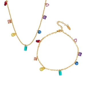 Luxury Gold Plated Stainless Steel Rainbow Cz Necklace Bracelet Dainty Fashion Jewelry Zirconia Jewelry Sets for Women