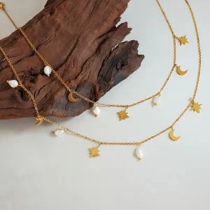 Luxury Gold Plated Star Moon Freshwater Pearl Drop Charm Necklace 316L Stainless Steel Thin Link Chain Fashion Pendant Jewelry