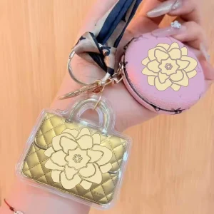 Luxury Gold Tone Mini Handbag Keychain Silk Scarf Wrist Strap Bag Charm Round Mirror Storage Box Fashion Accessories