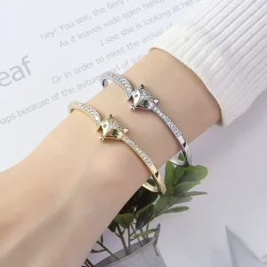 Luxury Green Eye Zircon Fox Bangle 18K Gold Silver Plated Brass Open Cuff Bracelet Trendy Women Jewelry for Daily Occasion Gifts