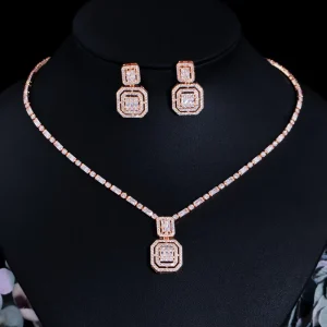Luxury Indian Bridal Jewelry Set Zircon Engagement Anniversary Gift Silver Rose Gold Plated Brass Necklace Set
