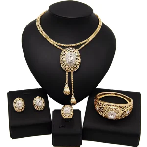 Luxury Indian Costume Wedding Necklace Jewellery Sets Copper Alloy Gold Plated Sweater Long Necklace Jewelry Set