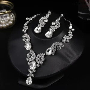 Luxury Jewelry Set Water Drop Pendant Crystal Earrings Fashion Necklace for Wedding Decoration