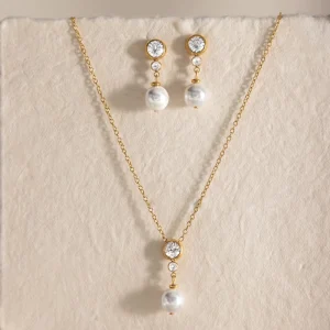 Luxury Jewelry Stainless Steel 18K Gold Plated Cubic Zircon Pearl Necklace and Earrings Set Wedding