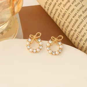 Luxury Korean Fashion Trendy Diamond Stud Earrings with Pearl Bow Knot Gold Plated Butterfly Drop Shell Jewelry