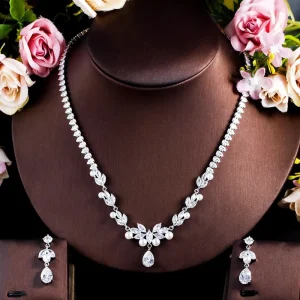 Luxury Ladies Wedding Fashion Pearl Necklace Earrings Set Cubic Zirconia Jewelry