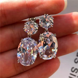 Luxury Large Oval Zircon Drop Earrings for Women Sparkling Electroplated Dangle Earrings for Wedding Party Evening Wear