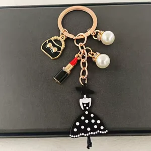 Luxury Lipstick Rhinestone Keychain Crystal Keyring Fashion Pearl Skirt Girly Mini Bag Key Chain Women Car Handbags Charms Gift