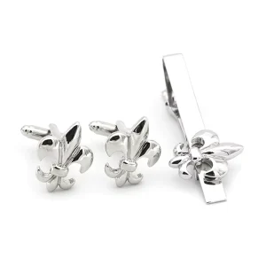 Luxury Men’s Tie Clip Cufflinks Set Gold Silver Fleur De Lis Trendy Wedding Tuxedo Suit Shirt Gift Customized Luxury