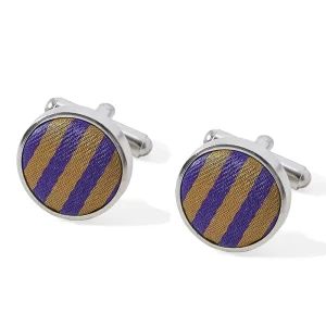 Luxury Mens Wear Custom Round Fraternity Silk Fabric Bronze Cufflinks Jacquard Bar Stripe Gold Purple Silk Fabric Cufflinks