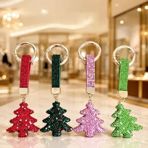 Luxury Metal Rhinestone Christmas Tree Car Key Ring Charm Bag Holiday Gift