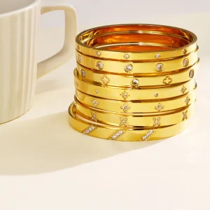 Luxury Minimalist Single Row Zircon Starry Bangle 18K Gold Plated Titanium Steel Hinged Bracelet for Women Fashion Jewelry