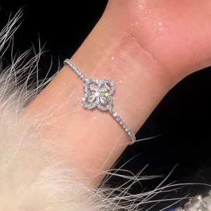 Luxury Moissanite Four Leaf Clover Bracelet Women Silver Tennis Bracelet