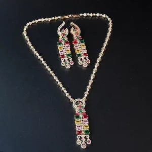 Luxury Multicolor Zircon Tassel Necklace and Earrings Set for Women Elegant Crystal Jewelry for Wedding Party Evening Gown