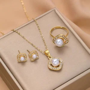 Luxury New Style Fashion High Elegant Zircon Encrusted Pearl square Jewelry Sets for Women Put Pearl 3pcs