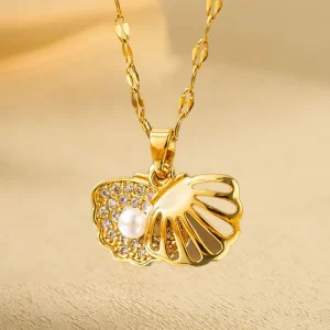 Luxury Pearl Shell Fashion Necklaces and Trendy Zircon Gold Plated Necklace Set for Daily Chic Gift