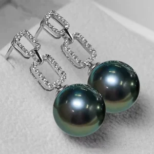 Luxury Real Natural Green Black Tahitian Pearl Earring S925 Sterling Silver Needle Crystal Pearl Drop Earring for Women