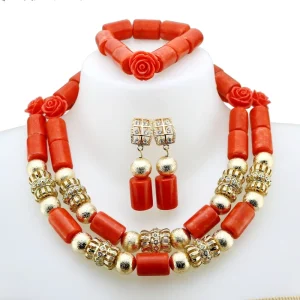 Luxury Red Rose Carved Beaded Jewelry Set Gold Plated Rose Design for African Wedding and Party Wear YL234