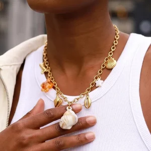 Luxury Resort Style Starfish Resin Trendy Stainless Steel 18K Gold Plated Fishtail Shell Accessory Necklace