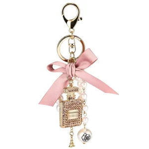 Luxury Rhinestone Perfume Bottle Keychain Pearl Bowknot Zinc Alloy Keyring for Women Luxury Bag Charm
