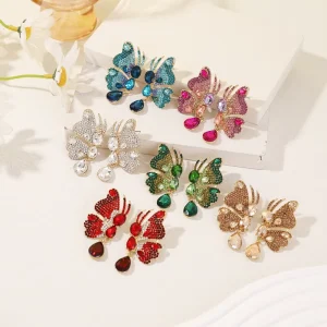 Luxury Rhinestone Teardrop Butterfly Earrings Custom Crystal Statement Fashion Drop Earrings for Women Jewelry