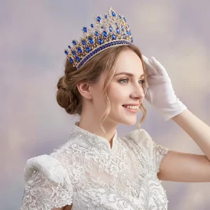 Luxury Royal Blue Crystal Bridal Crown Gold Plated Baroque Queen Tiara Tall Sapphire Pageant Wedding Hair Accessories Women Prom