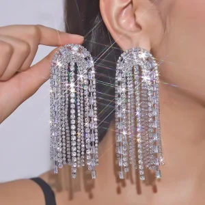 Luxury Shiny Cubic Zirconia Rhinestone Large Arched Long Tassel Earrings Fashion Wedding Dresses Earrings