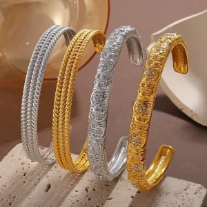 Luxury Shiny Rhinestone Open Bracelet 18K Gold Plated Stainless Steel Bangle for Party Dating