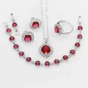 Luxury Siam Red Princess Cut CZ Jewelry Set Necklace Earring Bracelet Ring Set for Women Wedding Bridal Jewelry Brass Silver Gua